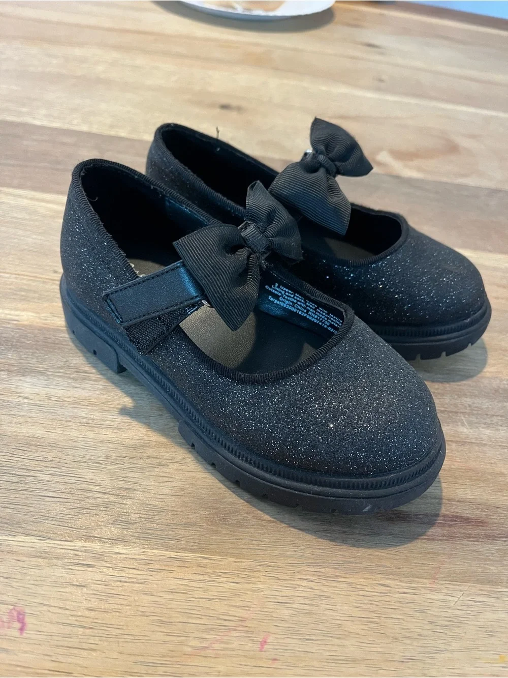 Girls' Black Glitter Mary Jane Shoes with Bow Accent